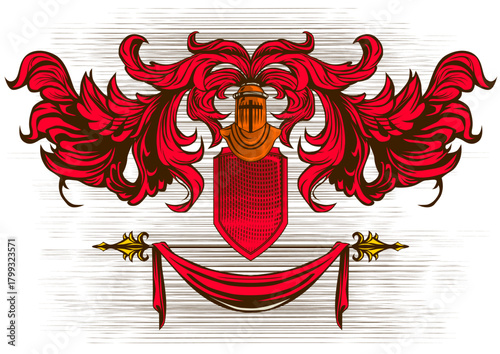 Ornate heraldic design with knight's helmet, shield, and elaborate red baroque scrollwork and banner.