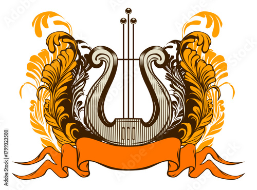 An ornate lyre emblem with decorative flourishes and a banner, symbolizing music and classical arts.