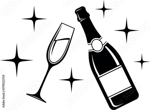 Illustration of celebration time with a champagne bottle and glass, ready to celebrate