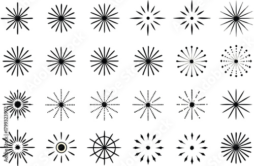 Collection of radiant starburst and sunburst graphic elements in black