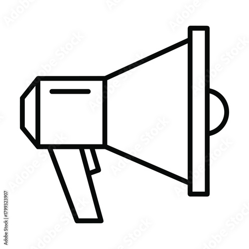 Simple line art icon of a megaphone symbolizing announcement promotion and public speaking communication