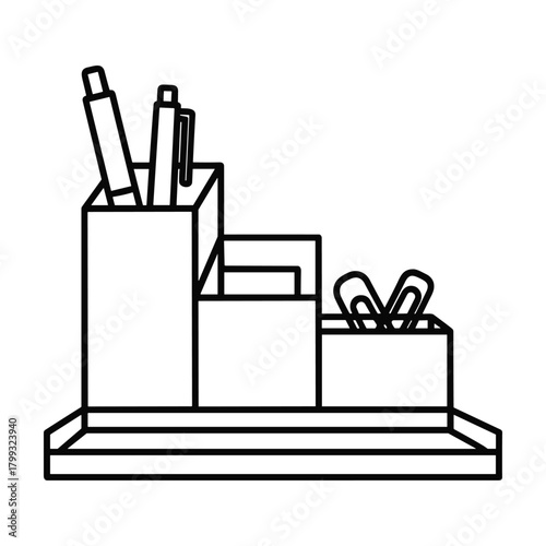 Clean outline drawing of a multi compartment desk organizer holding pens pencils scissors and paper clips
