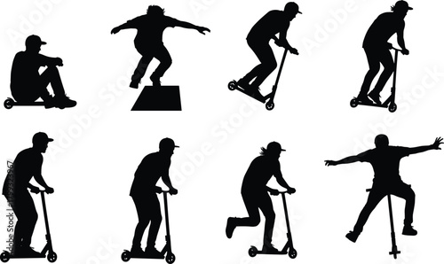 Illustration of silhouette of a young man riding a scooter, performing stunts and tricks, isolated on active lifestyle and extreme sports concept