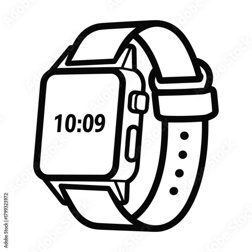 Simple hand drawn sketch of a modern digital smartwatch with a black strap displaying the time 10 09
