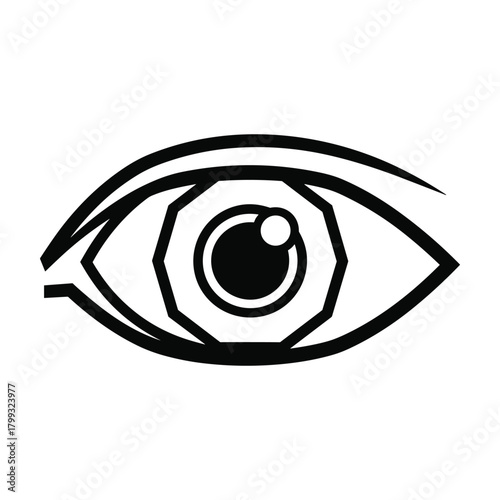Stylized abstract geometric eye symbol with a black outline representing vision and perception in a minimalist design
