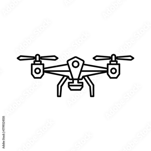 Modern quadcopter drone icon with four rotors and landing gear in a simple outline style