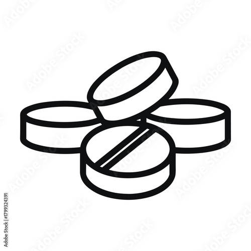 Simple outline drawing of four round pills or tablets stacked together with a line down the center of one