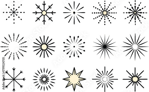 Set of starburst and snowflake icons for design and celebration backgrounds