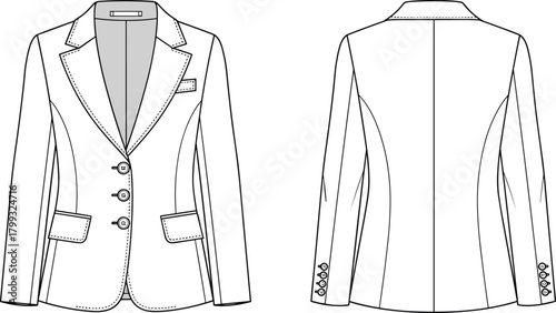 Illustration of fashionable blazer isolated on showcasing a classic design with a notched lapel, threebutton closure, and flap pockets, perfect for professional attire