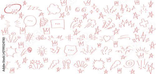 Comic emotion elements, hand drawn expressive symbols. Star, heart and sparks, speech bubbles, exclamation doodles for communication.  Abstract dark red and black textured pattern with subtle glows