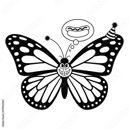 Cartoon butterfly with a party hat thinking about a hot dog