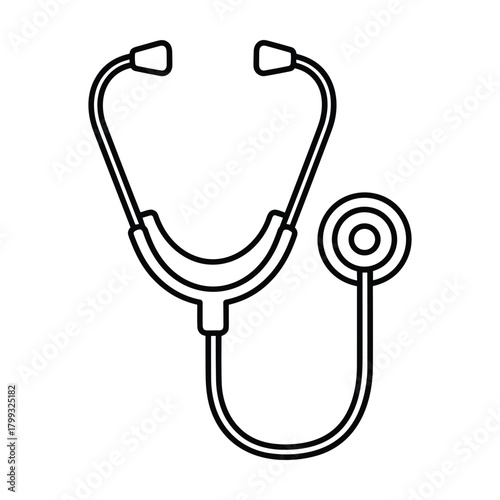 Simple outline drawing of a medical stethoscope with a clear diaphragm and eartips on a white background