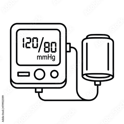 Digital blood pressure monitor with cuff displaying normal reading of 120 over 80 mmhg in a simple line art illustration
