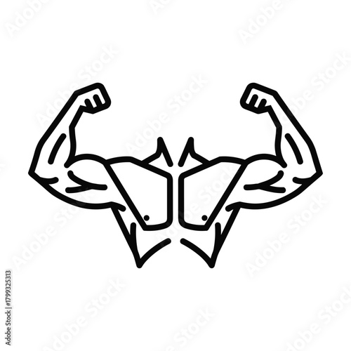 Stylized outline illustration of muscular biceps flexing arms and upper torso showing strength and power