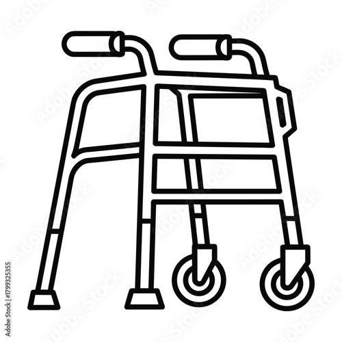 Simple line drawing illustration of a medical walker device with wheels for elderly or disabled mobility support