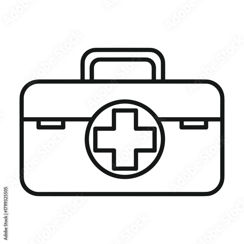 Simple outline illustration of a medical first aid kit box with a red cross symbol in a circle on a white background