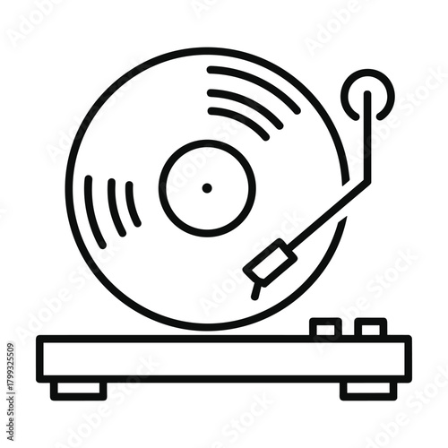 Vintage vinyl record player and turntable with a spinning lp disc and tonearm in a simple line art illustration