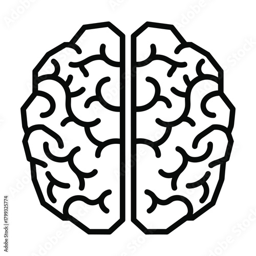 Stylized outline illustration of the human brain seen from above divided into two hemispheres with intricate neural pathways