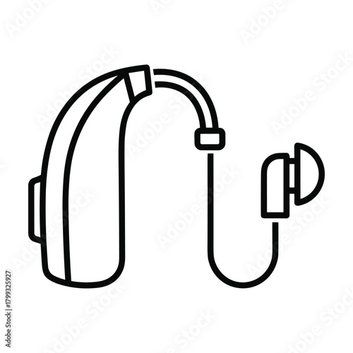 Simple line drawing illustration of a modern behind the ear hearing aid device with earbud and tube