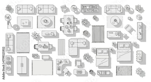 furniture plan view arrangement of sofas beds tables and plants showcasing interior design concepts and providing a floorplan template for modern households