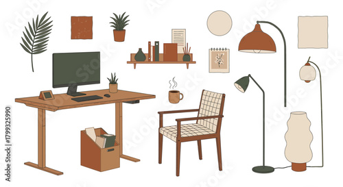 hand-drawn modern office and home furniture and decor elements for interior design projects floor plans and templates.
