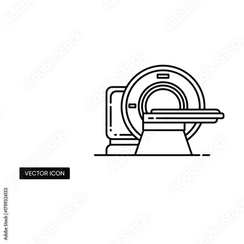 Clean line art illustration of a modern medical ct scanner machine with a computer monitor for diagnostic imaging