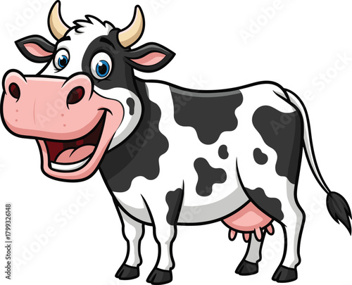Illustration of a cheerful cartoon cow with black and white spots, a pink nose, and a friendly smile isolated on is standing in a playful pose, looking happy