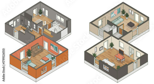 isometric apartment floor plan illustrations showcasing interior design perfect for real estate marketing visualizing household arrangement and rebuild floorplan