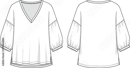 Illustration of front and back view of a womens blouse isolated on the blouse features a vneck and threequarter length sleeves with elasticated cuffs