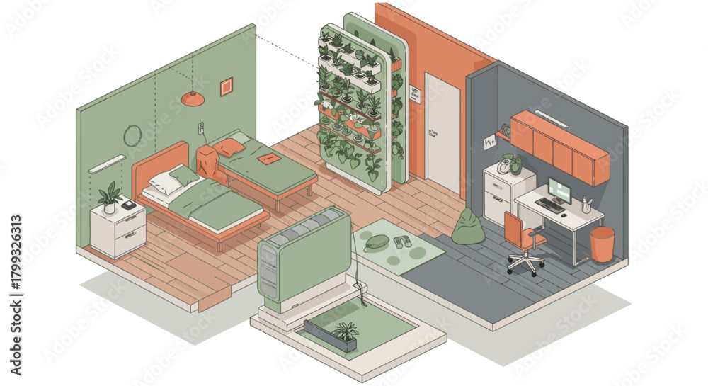 Fototapeta premium isometric modern apartment interior with smart bedroom office and lush vertical garden showcasing sustainable home design.