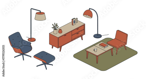 isometric mid-century modern living room furniture layout with armchair credenza and coffee table for interior design and decor.