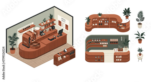isometric modern coffee shop interior with roasting equipment retail displays and plants illustrating contemporary cafe concepts.