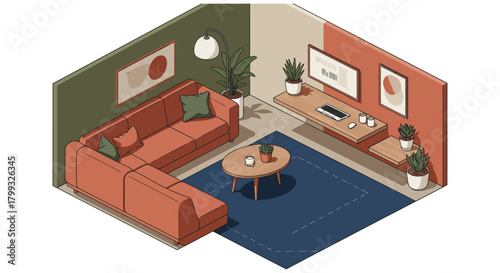 isometric modern living room interior design with l-shaped sofa coffee table smart tv home office setup and plants.