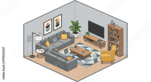 isometric modern living room with grey sectional sofa yellow armchair wooden furniture stylish rug plants ideal for home design layouts.