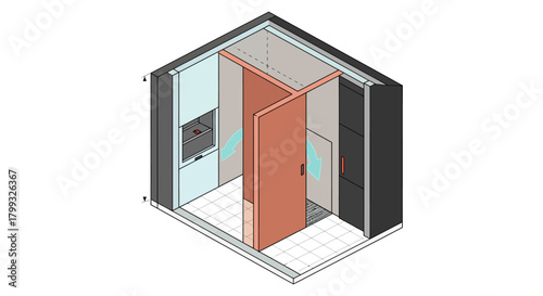 isometric rendering of a compact modular bathroom with pivot door optimizing efficient layout for tiny homes rvs small living.