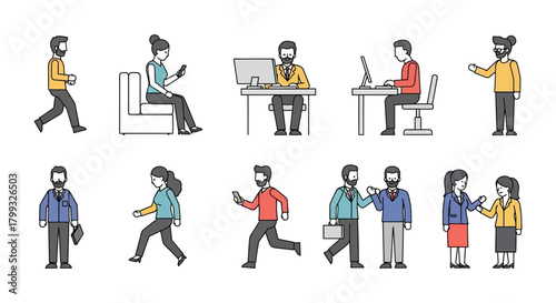 line art human figures illustrating diverse business people engaged in everyday activities like working communicating and walking ideal for modern design.