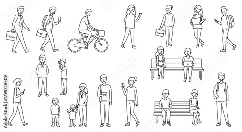 line art people collection showing daily life activities technology use and social interactions ideal for modern design and ui ux elements.