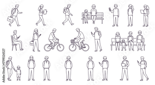 line art people illustrations diverse human figures engaged in daily routines using technology and interacting in public urban settings.