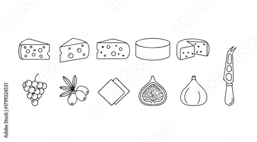 Artistic silhouette illustration of assorted cheeses fruits and cheese knife