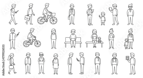 line art people in daily life walking cycling and using tech suitable for modern urban lifestyle and communication designs.