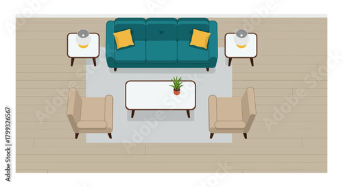 living room floor plan furniture arrangement on a rug modern household with a sofa chairs and coffee table perfect for interior design mockups
