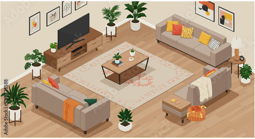 living room isometric view furnishing a modern home interior with furniture plants and decor creating a cozy and stylish living space ideal for interior design projects