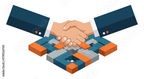 business handshake over a complex interlocking block structure symbolizing partnership digital integration and collaborative solutions