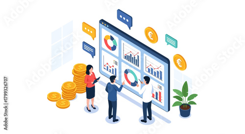 business analysis and data visualization team analyzing financial charts on screen promoting growth and investment strategies for success