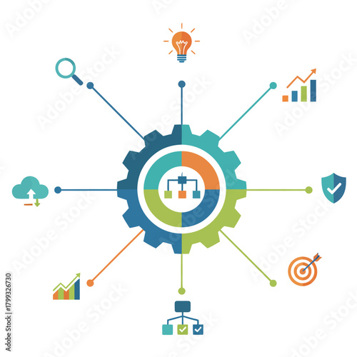 business process management system diagram with central gear and icons illustrating data analysis innovation growth and strategic planning.