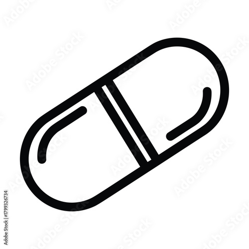 Simple black and white outline icon of a capsule pill representing medicine health and pharmaceuticals on a clean background