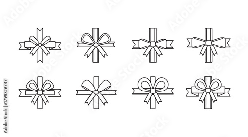 Collection of eight hand drawn bow silhouette elements for decoration