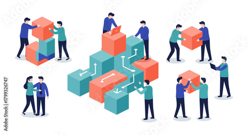 business professionals collaborate on a data system building interconnected blocks for software development and project management.