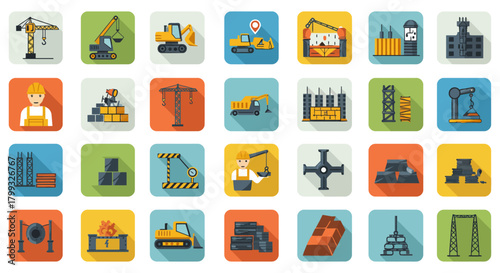 construction industry equipment icons building cranes diggers and infrastructure projects for business development planning and engineering applications