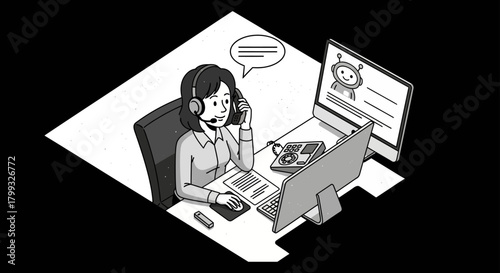 customer service representative on call assisting clients working with a chatbot on screen providing support and resolving inquiries efficiently